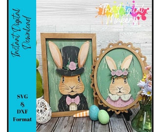 Vintage Easter Bunny Pair SVG | Cottagecore Spring Laser File | Easter Bunny SVG | DIY Spring Decor File