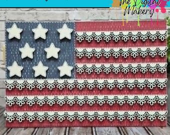 May include: A patriotic American flag design with white stars on a blue background and red and white stripes. The flag is decorated with white lace trim. The words "Instant Digital Download" and "The Digital Makery" are at the top.