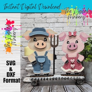 May include: Two wooden pig figurines, one male and one female, stand on a decorative platform. The male pig wears blue overalls and a cap, holding a pitchfork. The female pig is dressed in a pink dress with a bow. The text "Instant Digital Download" is at the top.