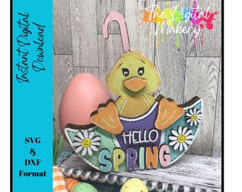 Olá Primavera Duckie SVG | Arquivo de pato guarda-chuva | Arquivo de decoração de primavera DIY | Duckie SVG
