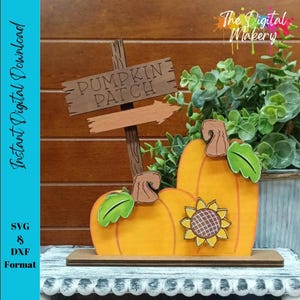May include: A wooden pumpkin patch sign with two orange pumpkins and a sunflower. The sign reads "Pumpkin Patch" with an arrow pointing right. The image also includes the text "Instant Digital Download" and "SVG & DXF Format".