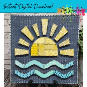 May include: A digital art print featuring a stylized sun and waves. The sun is yellow with patterned rays, and the waves are blue and turquoise. The text "Instant Digital Download" and "The Digital Makery" are visible.