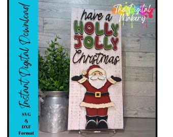 May include: A white wooden sign with the text "Have a Holly Jolly Christmas" in red, green, and white letters. A cartoon Santa Claus with a red suit, white beard, and black boots is standing in front of the text.