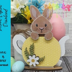 Théière lapin SVG | Fichier mignon lapin de Pâques | Lime laser printanière de ferme | Décoration printanière de lapin