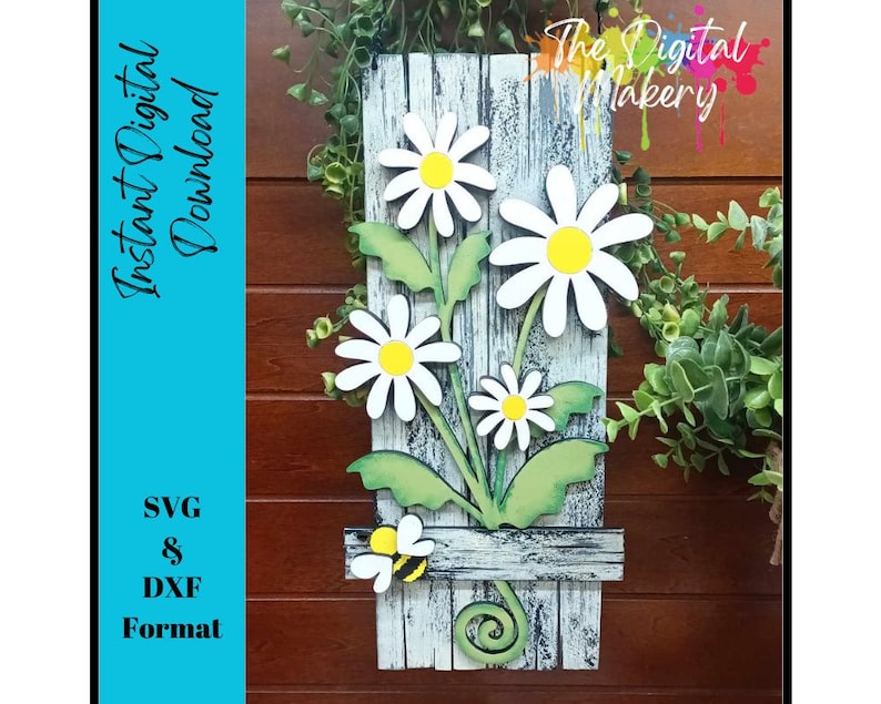 May include: A wooden sign with a distressed white paint finish features a cluster of white daisies with yellow centers. The daisies are layered on top of each other and have green leaves. The sign has a rustic look and is perfect for adding a touch of farmhouse charm to your home decor.