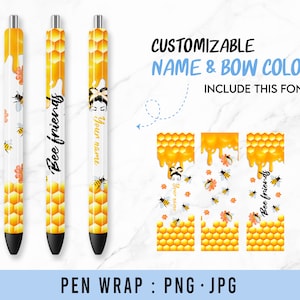 May include: Three pens with a bee-themed design. The pens feature a white background with yellow honeycomb patterns, bees, and floral accents. Text includes "Bee friends" and "Your name". The image also shows a design template with the text "CUSTOMIZABLE NAME & BOW COLOR".