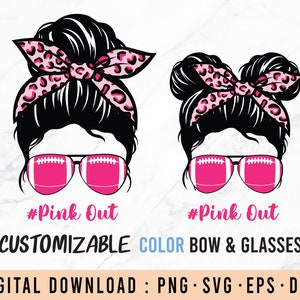 Gebleichtes Pink Out Football Mom Messy Bun, Pink Breast Cancer Svg, Messy Bun svg, pink out