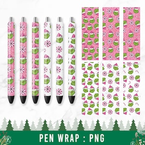 Op de afbeelding: Set van zes roze en witte penwikkelingen met een Grinch-personage met een snoepstok en een roze en wit swirl-patroon. De tekst "PEN WRAP: PNG" staat onderaan de afbeelding.