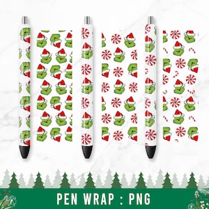 May include: Four printable pen wrap designs featuring a green Grinch character, candy canes, and peppermint swirls on a white background.  PEN WRAP : PNG