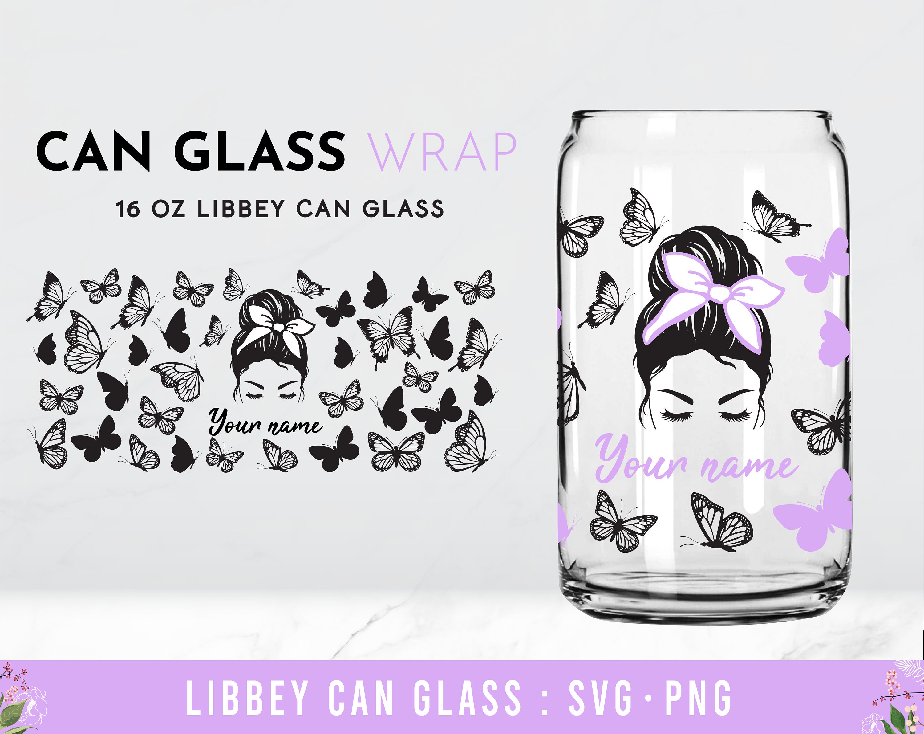 Flower and Butterfly Glass Wrap Svg, Messy Bun Flower 16 Oz Libbey Full ...