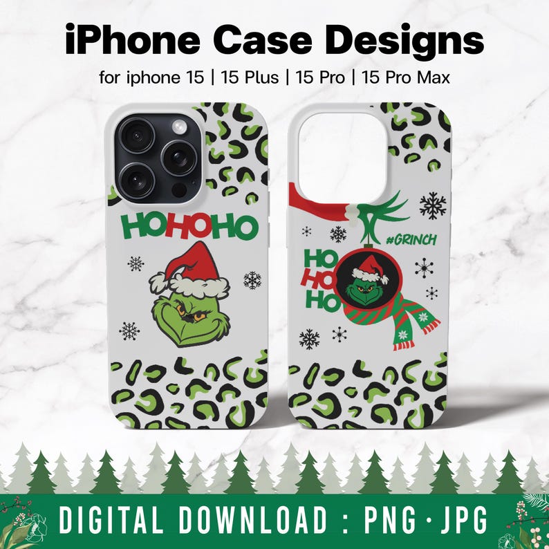 May include: A white iPhone case with a green Grinch design and the words "HOHOHO" and "#GRINCH". The case has a leopard print background.