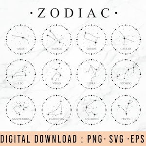 12 Astrologia Zodiak koło SVG Bundle | Znaki Zodiaku SVG | Konstelacja SVG | Pliki Cricut Cut SVG | Znaki Astrologii SVG | Zodiak SVG