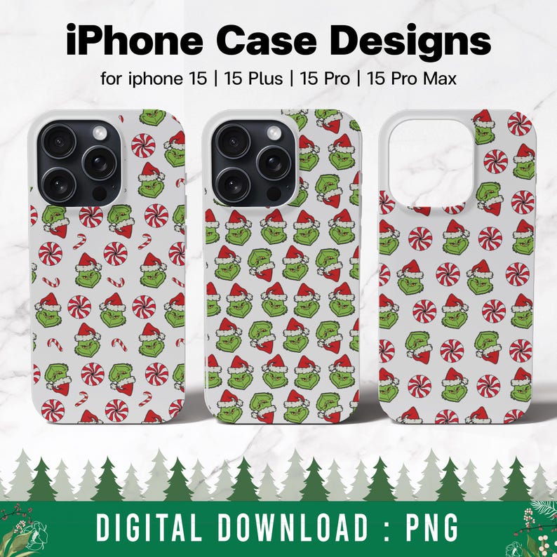 May include: Three iPhone cases with a white background and a repeating pattern of green Grinch-like characters and red and white candy canes. The text "iPhone Case Designs" is at the top of the image and the text "for iphone 15 | 15 Plus | 15 Pro | 15 Pro Max" is below the image of the cases. The text "DIGITAL DOWNLOAD : PNG" is at the bottom of the image.