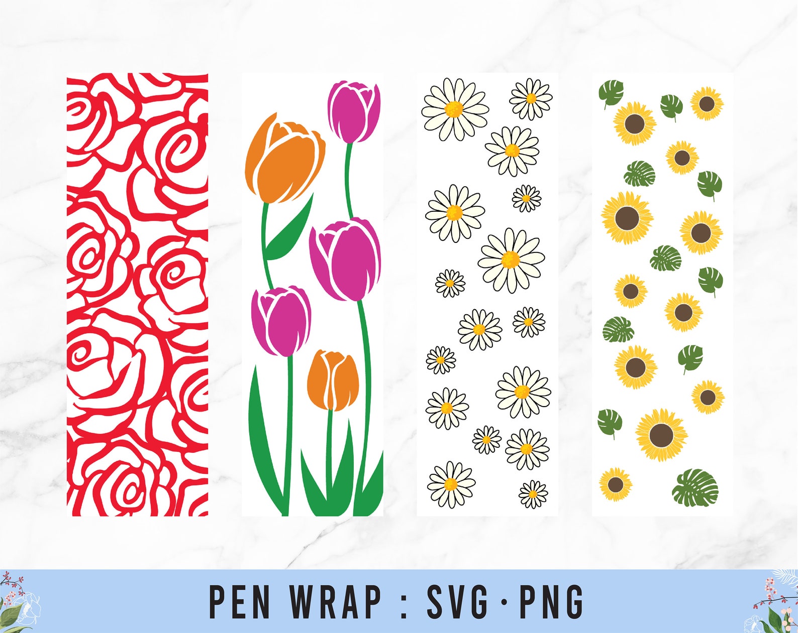 Flower Pen Wrap Cute Daisies Pen Wrap Rose Pen Wrap Sunflower Pen Wrap