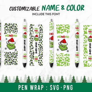 Könnte beinhalten: Ein digitaler Download eines Stift-Wrap-Designs mit einer grünen Grinch-Figur mit roter Weihnachtsmütze, einem grün-schwarzen Leopardenmuster-Hintergrund und dem Text "HOHOHO". Das Design ist mit einem Namen und einer Farbe anpassbar.