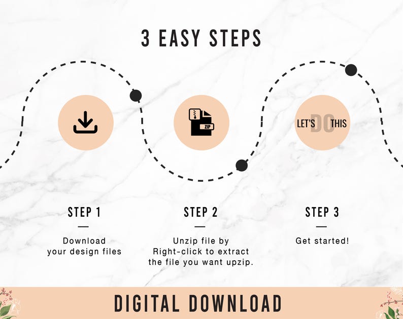 May include: A graphic with three steps to download a digital product. The steps are: 1. Download your design files, 2. Unzip file by right-clicking to extract the file you want to unzip, 3. Get started! The graphic has a peach background with black text and icons.