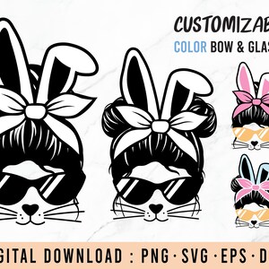 Easter messy bun with rabbit ears svg, Headband with Ears, messy bunny Hair SVG, Messy Bun Face SVG, Eyelashes, mum ,Momlife Png Svg