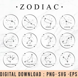 Astrologia Koło zodiaku SVG Bundle | 12 znaków zodiaku SVG | Konstelacja SVG | Pliki Cricut Cut SVG | Znaki astrologii SVG | Zodiak SVG