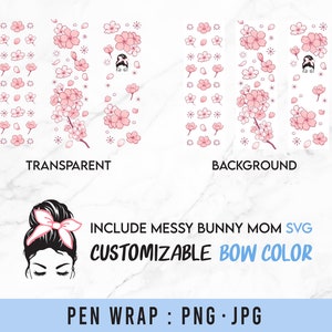 K&ouml;nnte beinhalten: Ein digitales Design mit einer Frau mit einem unordentlichen Dutt und einer rosa Schleife. Das Design beinhaltet eine anpassbare Schleifenfarbe und Kirschbl&uuml;ten. Das Design ist in den Formaten PNG und JPG verf&uuml;gbar.