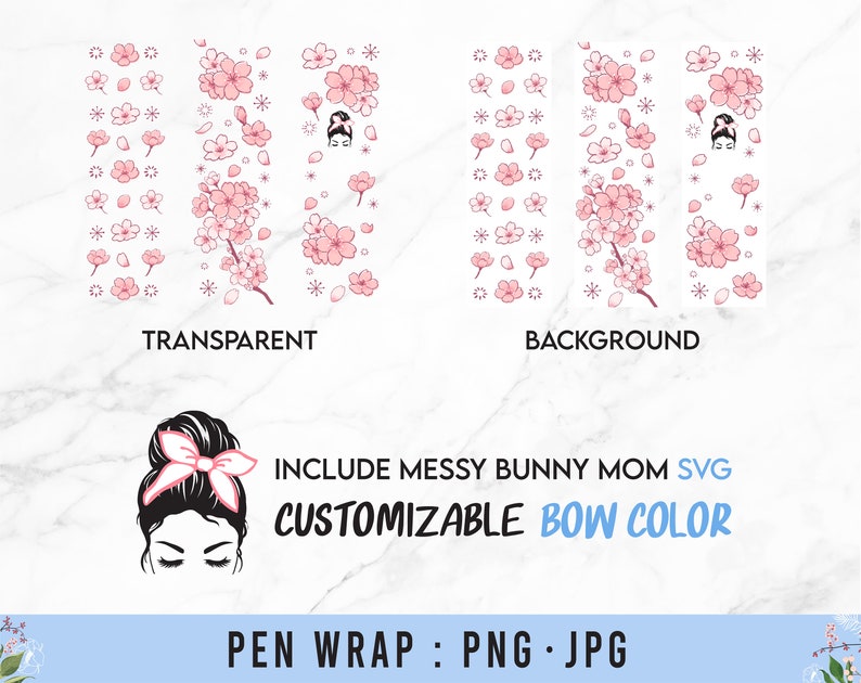 K&ouml;nnte beinhalten: Ein digitales Design mit einer Frau mit einem unordentlichen Dutt und einer rosa Schleife. Das Design beinhaltet eine anpassbare Schleifenfarbe und Kirschbl&uuml;ten. Das Design ist in den Formaten PNG und JPG verf&uuml;gbar.
