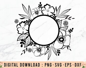 May include: A black and white floral wreath with a circular frame in the center. The wreath is made up of leaves, flowers, and stems.