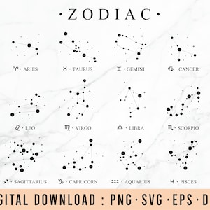 Astrologie Zodiac SVG-bundel | Sterrenbeelden SVG | Sterrenbeeld SVG | Cricut gesneden bestanden SVG | Astrologie tekenen SVG | Dierenriem SVG