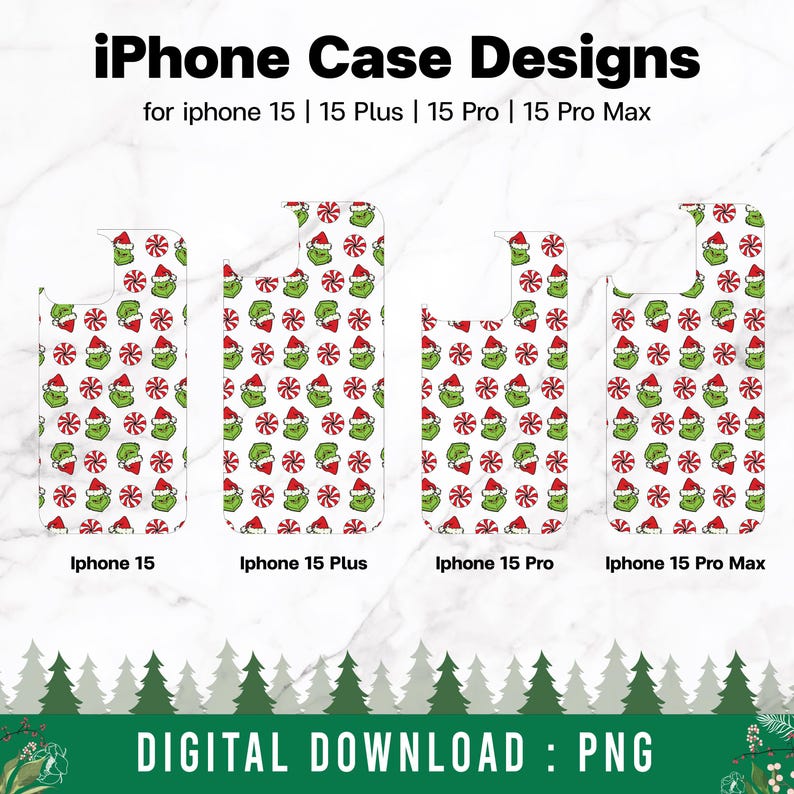 May include: Four different iPhone case designs featuring a green and red pattern with a Grinch-like character. The designs are for iPhone 15, iPhone 15 Plus, iPhone 15 Pro, and iPhone 15 Pro Max.