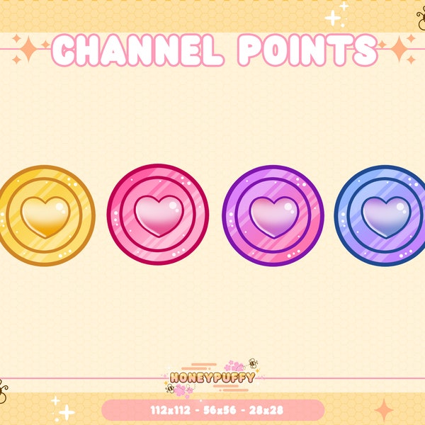 4x HEART Coins Twitch / Channel Point / Emote / Badges / Kawaii / Pastel / Moon / Active