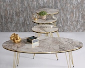 Gold Nesting Table Set of 3 Marble Pattern Coffee Table Set Modern End Tables Round Side Tables Nest Table Set with Gold and Black Legs