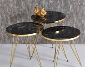 Black Marble Nesting Table And Coffee Table Marble Pattern End Table Side Table Set Of 3 Rectangle Coffee Tables Easy to Assemble