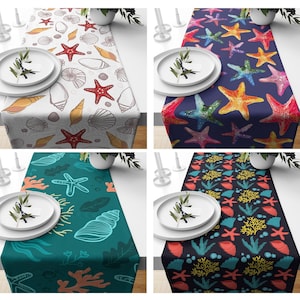 Starfish Table Runner|Nautical Tablecloth|Decorative Marine Table Centerpiece|Coastal Tablecloth|Navy Aqua Table Decor|Beach House Tabletop