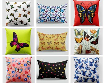 Butterfly Pillow Cover|Blue, Black Butterfly Lumbar Pillow Case|Animal Print Cushion Cover|Butterfly Throw Pillow Cover