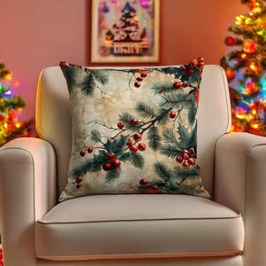 Christmas Floral Throw Pillow, Xmas Pillow Decor, Holiday Cushion Cover, Rustic Winter Home Decorations, Seasonal Pillowcase, Any Size 12x12