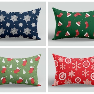 Christmas Snowflake and Stocking Lumbar Pillow Cover|Red, Blue Snowflake Cushion Case|Merry Christmas Throw Pillow|Winter Pillow Case 16x24