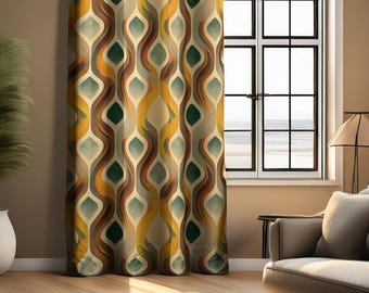Mid Century Modern Geometric Curtains, Retro 70s Pattern Window Panels, Abstract Boho Drapes for Living Room