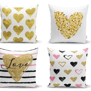 Gold Heart Throw Pillow Cover|Valentine&#39;s Day Cushion Case|Love Decor|Heart Bedroom Decor|Print Pillow Sham|Outdoor Pillowcase|Gift for Her