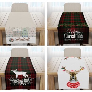 Christmas Table Runner|Winter Table Cloth|Deer Tablecloth|Buffalo Check Table Cover|Deer Pattern Table Centerpiece|Holiday Table Decor