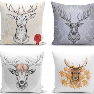 Christmas Deer Cushion Cover, Xmas Lake House Pillow Case, Happy Christmas Elk Throw Pillow, Cabin Holiday, Winter Lakehouse Pillowcase