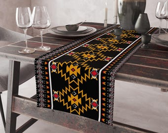 Black Western Table Runner,Aztec Table Linen, Boho Costom Size Tablecloth