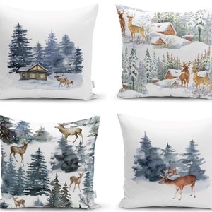 Federa per cuscino con albero invernale, federa per cuscino con cervo e neve, cuscino decorativo con casa di Natale, decorazione per la casa con pittura invernale, federa per cuscino di Natale