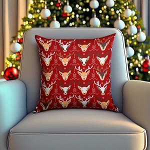 Christmas Deer Throw Pillow Cover, Holly Deer Cushion Cover, Reindeer Pillow Decor, Merry Xmas Pillowcase, Rustic Forest Decor