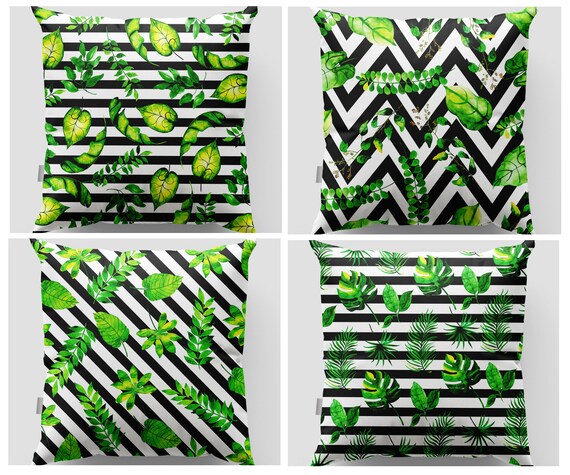 Black White And Green Tropical Leaf Throw Pillow Cover Black White And Green Tropical Leaf Throw Pillow Cover