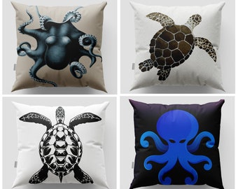 Sea Turtle Pillow Cover|Octopus Pillow Cover|Nautical Cushions|Coastal Decor|Decorative Beach House Throw Pillow|Ocean Theme|14x14 16x16