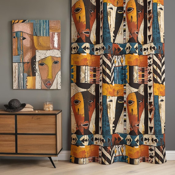 African Art Print Curtain,Ethnic Kitchen Window Valance,Any Size Drapes