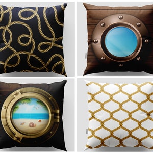 Coastal Pillow Cover| Nautical Throw Pillow Cover|Beach House Cushion Case|Sailor Rope Decor|Porthole Home Decor|Double-Sided Cushion Cover