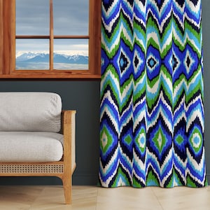 Ikat Pattern Curtain Panel, Blue Boho Curtains, Patio  Window Decor, Oriental Window Covering, Farmhouse Curtains, Kitchen Valance,