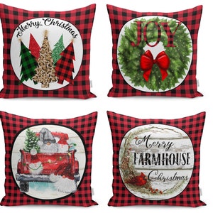 Housse de coussin joyeux Noël à la ferme, taie de coussin Joy Christmas, coussin à carreaux de Noël, taie d&#39;oreiller à carreaux Buffalo, décoration tendance hiver