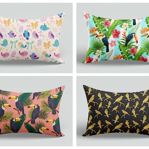 Birds Lumbar Pillow Covers|Parrot Pillow Cover|Lumbar Throw Pillow|Animal Print Cushion Case|Birds Cushion Cover|8x24 10x16 12x24 Pillows