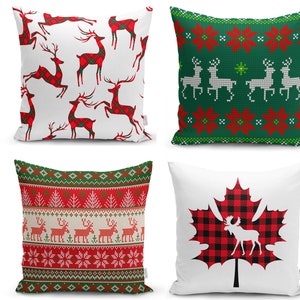 Xmas Reindeer Throw Pillow, Tartan Deer Cushion Case, Check Pillow Cover, Christmas Leaf Decor, Winter Sofa Pillowcase, Outdoor 22x22 Sham