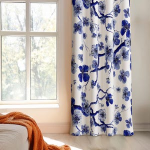 Blue Floral Pattern Curtain, Bird Curtain Panel, Botanical Window Treatment, Spring Pattern Drapes, Floral Window Curtains, Flower Drapery